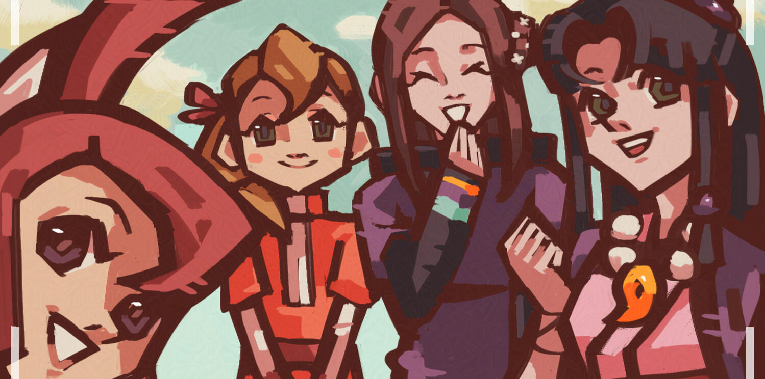 Fan art of Lynne (Ghost Trick), Flora Reinhold, Akane Kurashiki and Maya Fey happily posing for a photo.